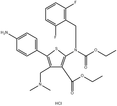 3-Thiophenecarboxylic acid, 5-(4-aminophenyl)-2-[[(2,6-difluorophenyl)methyl](ethoxycarbonyl)amino]-4-[(dimethylamino)methyl]-, ethyl ester, hydrochloride (1:2) Struktur