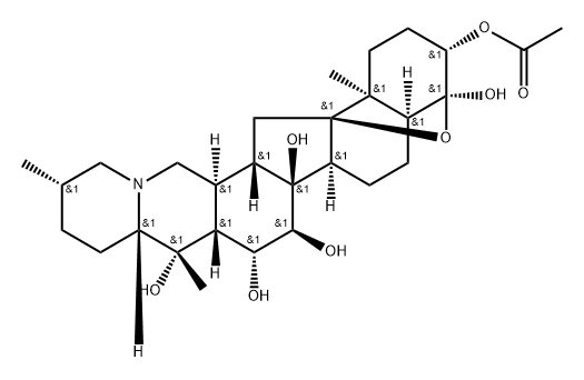 Cevane-3,4,14,15,16,20-hexol, 4,9-epoxy-, 3-acetate, (3beta,4alpha,15a lpha,16beta)- Struktur