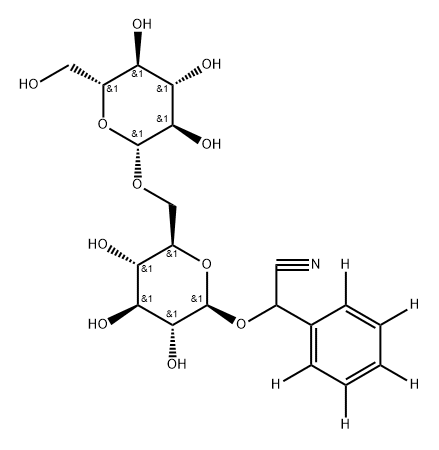 2-(phenyl-d5)-2-(((2R,3R,4S,5S,6R)-3,4,5-trihydroxy-6-((((2R,3R,4S,5S,6R)-3,4,5-trihydroxy-6-(hydroxymethyl)tetrahydro-2H-pyran-2-yl)oxy)methyl)tetrahydro-2H-pyran-2-yl)oxy)acetonitrile Struktur