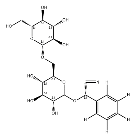 (2S)-2-(phenyl-d5)-2-(((3R,4S,5S,6R)-3,4,5-trihydroxy-6-((((2R,3R,4S,5S,6R)-3,4,5-trihydroxy-6-(hydroxymethyl)tetrahydro-2H-pyran-2-yl)oxy)methyl)tetrahydro-2H-pyran-2-yl)oxy)acetonitrile Struktur