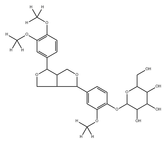 2-(4-(4-(3,4-bis(methoxy-d3)phenyl)tetrahydro-1H,3H-furo[3,4-c]furan-1-yl)-2-(methoxy-d3)phenoxy)-6-(hydroxymethyl)tetrahydro-2H-pyran-3,4,5-triol Struktur