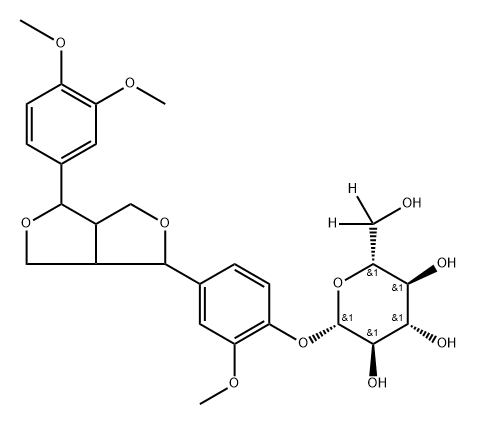 (2S,3R,4S,5S,6R)-2-(4-(4-(3,4-dimethoxyphenyl)tetrahydro-1H,3H-furo[3,4-c]furan-1-yl)-2-methoxyphenoxy)-6-(hydroxymethyl-d2)tetrahydro-2H-pyran-3,4,5-triol Struktur