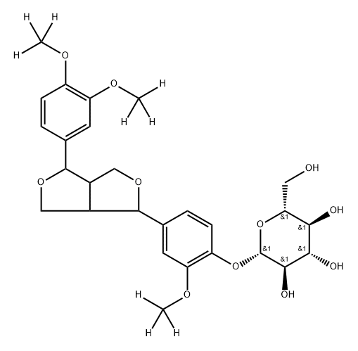 (2S,3R,4S,5S,6R)-2-(4-(4-(3,4-bis(methoxy-d3)phenyl)tetrahydro-1H,3H-furo[3,4-c]furan-1-yl)-2-(methoxy-d3)phenoxy)-6-(hydroxymethyl)tetrahydro-2H-pyran-3,4,5-triol Struktur