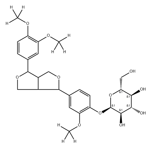 (2R,3R,4S,5S,6R)-2-(4-(4-(3,4-bis(methoxy-d3)phenyl)tetrahydro-1H,3H-furo[3,4-c]furan-1-yl)-2-(methoxy-d3)phenoxy)-6-(hydroxymethyl)tetrahydro-2H-pyran-3,4,5-triol Struktur