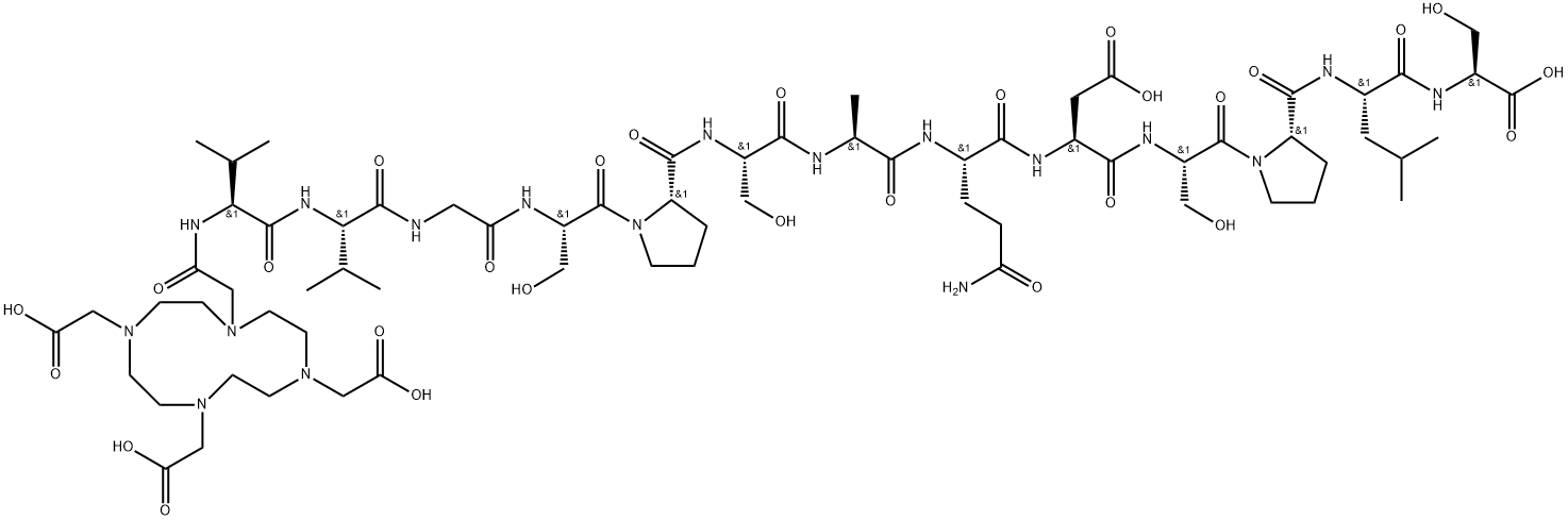 2,2',2''-(10-((4S,7S,13S)-14-((S)-2-(((2S,5S,8S,11S,14S)-8-(3-Amino-3-oxopropyl)-1-((S)-2-(((S)-1-(((S)-1-carboxy-2-hydroxyethyl)amino)-4-methyl-1-oxopentan-2-yl)carbamoyl)pyrrolidin-1-yl)-5-(carboxymethyl)-15-hydroxy-2-(hydroxymethyl)-11-methyl-1,4,7,10,13-pentaoxo-3,6,9,12-tetraazapentadecan-14-yl)carbamoyl)pyrrolidin-1-yl)-13-(hydroxymethyl)-4,7-diisopropyl-2,5,8,11,14-pentaoxo-3,6,9,12-tetraazatetradecyl)-1,4,7,10-tetraazacyclododecane-1,4,7-triyl)triacetic acid Struktur