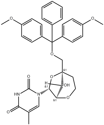 2,4(1H,3H)-Pyrimidinedione, 1-[2,6-anhydro-4-C-[[bis(4-methoxyphenyl)phenylmethoxy]methyl]-5-deoxy-α-L-lyxo-hexofuranosyl]-5-methyl- Struktur