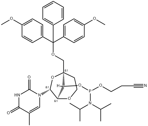 1-[2,6-Anhydro-4-C-[[bis(4-methoxyphenyl)phenylmethoxy]methyl]-3-O-[[bis(1-methylethyl)amino](2-cyanoethoxy)phosphino]-5-deoxy-α-L-lyxo-hexofuranosyl]-5-methyl-2,4(1H,3H)-pyrimidinedione Struktur