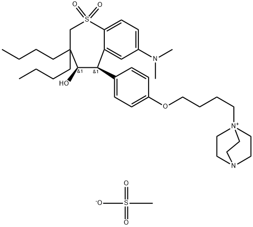 4-Aza-1-azoniabicyclo[2.2.2]octane, 1-[4-[4-[(4R,5R)-3,3-dibutyl-7-(dimethylamino)-2,3,4,5-tetrahydro-4-hydroxy-1,1-dioxido-1-benzothiepin-5-yl]phenoxy]butyl]-, methanesulfonate (1:1) Struktur