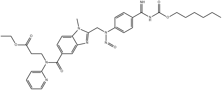 β-Alanine, N-[[2-[[[4-[[[(hexyloxy)carbonyl]amino]iminomethyl]phenyl]nitrosoamino]methyl]-1-methyl-1H-benzimidazol-5-yl]carbonyl]-N-2-pyridinyl-, ethyl ester Struktur