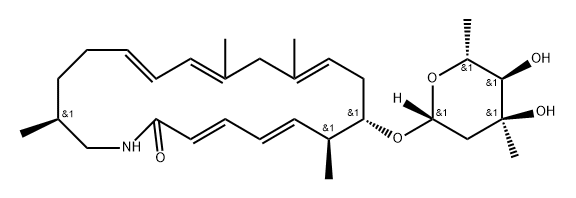 Azacycloeicosa-3,5,10,13,15-pentaen-2-one, 8-[(2,6-dideoxy-3-C-methyl-β-D-ribo-hexopyranosyl)oxy]-7,11,13,19-tetramethyl-, (3E,5E,7S,8S,10E,13E,15E,19S)- Struktur