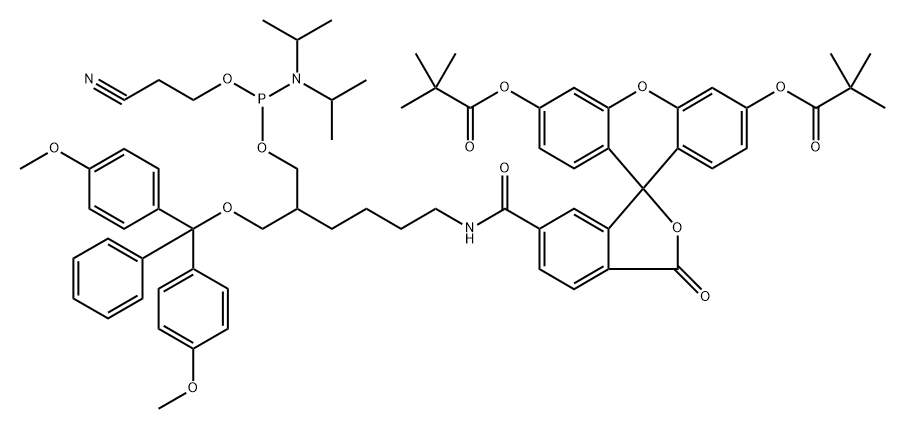 Propanoic acid, 2,2-dimethyl-, 6-[7-[[bis(4-methoxyphenyl)phenylmethoxy]methyl]-10-[bis(1-methylethyl)amino]-13-cyano-1-oxo-9,11-dioxa-2-aza-10-phosphatridec-1-yl]-3-oxospiro[isobenzofuran-1(3H),9'-[9H]xanthene]-3',6'-diyl ester (9CI) Struktur