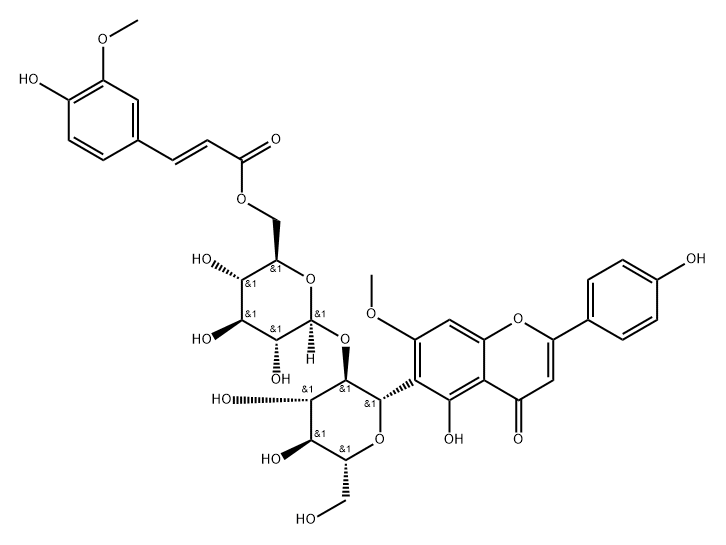 4H-1-Benzopyran-4-one, 5-hydroxy-6-[2-O-[6-O-[(2E)-3-(4-hydroxy-3-methoxyphenyl)-1-oxo-2-propen-1-yl]-β-D-glucopyranosyl]-β-D-glucopyranosyl]-2-(4-hydroxyphenyl)-7-methoxy- Struktur