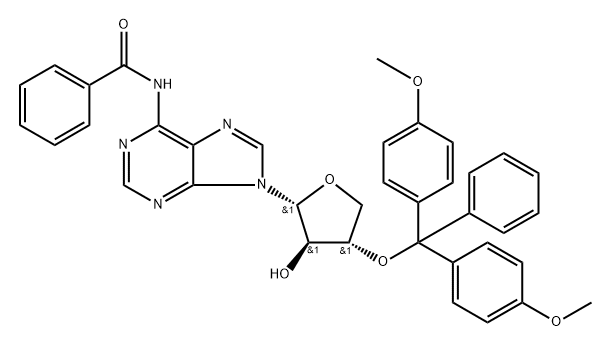 Benzamide, N-[9-[(2R,3R,4S)-4-[bis(4-methoxyphenyl)phenylmethoxy]tetrahydro-3-hydroxy-2-furanyl]-9H-purin-6-yl]- Struktur