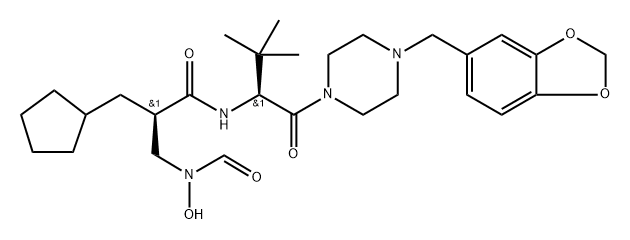 Cyclopentanepropanamide, N-[(1S)-1-[[4-(1,3-benzodioxol-5-ylmethyl)-1-piperazinyl]carbonyl]-2,2-dimethylpropyl]-α-[(formylhydroxyamino)methyl]-, (αR)- Struktur