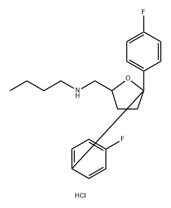 2-Furanmethanamine, N-butyl-5,5-bis(4-fluorophenyl)tetrahydro-, hydrochloride (1:1) Struktur