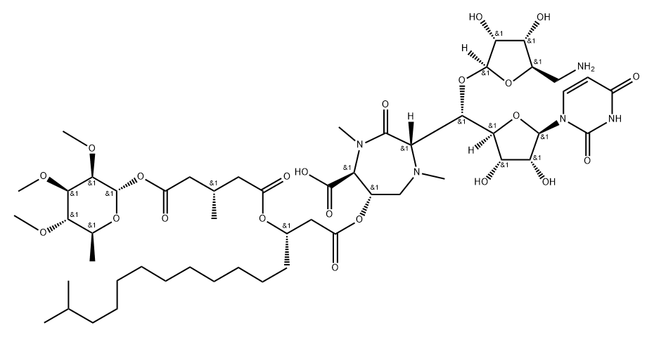 Uridine, 5'-O-(5-amino-5-deoxy-β-D-ribofuranosyl)-5'-C-[(2S,5S,6S)-5-carboxy-6-[[(3S)-3-[[(3S)-5-[(6-deoxy-2,3,4-tri-O-methyl-α-L-mannopyranosyl)oxy]-3-methyl-1,5-dioxopentyl]oxy]-14-methyl-1-oxopentadecyl]oxy]hexahydro-1,4-dimethyl-3-oxo-1H-1,4-diazepin-2-yl]-, (5'S)- Struktur