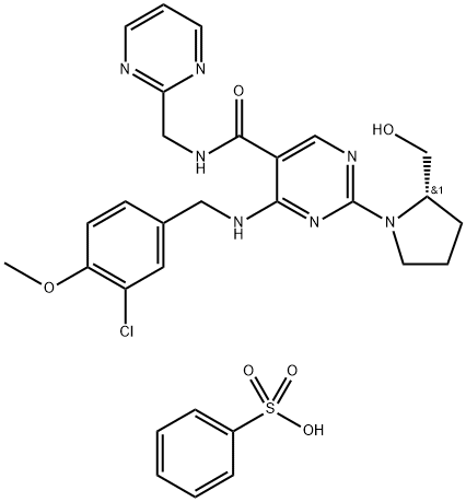 5-Pyrimidinecarboxamide, 4-[[(3-chloro-4-methoxyphenyl)methyl]amino]-2-[(2S)-2-(hydroxymethyl)-1-pyrrolidinyl]-N-(2-pyrimidinylmethyl)-, benzenesulfonate (1:2) Struktur