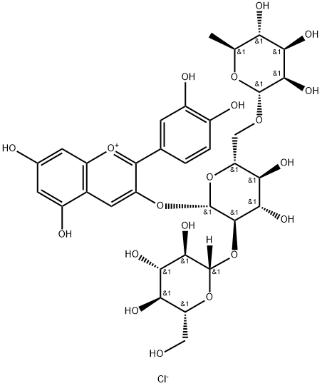 1-Benzopyrylium, 3-[(O-6-deoxy-α-L-mannopyranosyl-(1→6)-O-[β-D-glucopyranosyl-(1→2)]-β-D-glucopyranosyl)oxy]-2-(3,4-dihydroxyphenyl)-5,7-dihydroxy-, chloride (1:1) Struktur