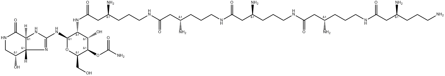 4H-Imidazo[4,5-c]pyridin-4-one, 2-[[4-O-(aminocarbonyl)-2-deoxy-2-[[(3S,10S,17S,24S,31S)-3,10,17,24,31,34-hexaamino-1,8,15,22,29-pentaoxo-7,14,21,28-tetraazatetratriacont-1-yl]amino]-β-D-gulopyranosyl]amino]-3,3a,5,6,7,7a-hexahydro-7-hydroxy-, (3aS,7R,7aS)- Struktur