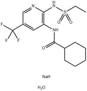 Cyclohexanecarboxamide, N-[2-[(ethylsulfonyl)amino]-5-(trifluoromethyl)-3-pyridinyl]-, sodium salt, hydrate (1:1:1) Struktur