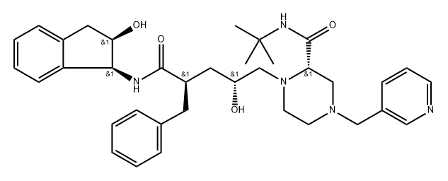 L-threo-Pentonamide, 2,3,5-trideoxy-N-[(1S,2R)-2,3-dihydro-2-hydroxy-1H-inden-1-yl]-5-[(2S)-2-[[(1,1-dimethylethyl)amino]carbonyl]-4-(3-pyridinylmethyl)-1-piperazinyl]-2-(phenylmethyl)- Struktur