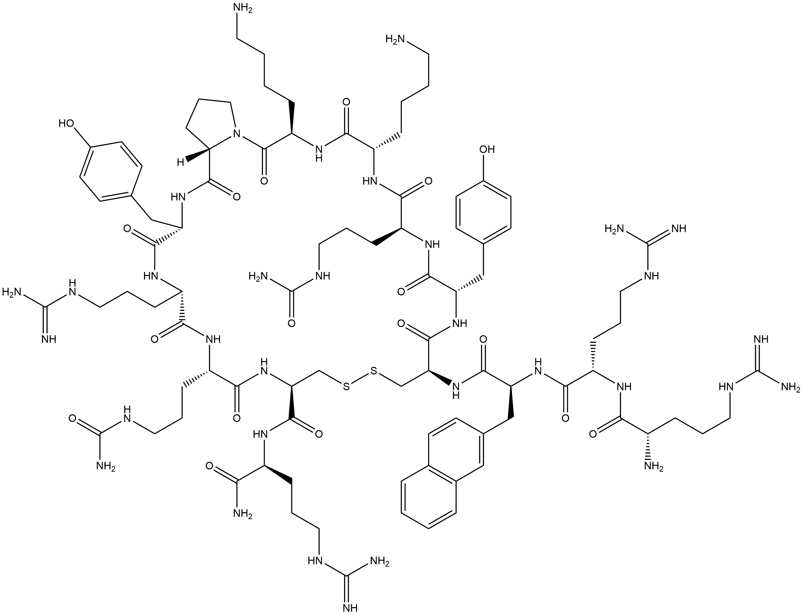 L-Argininamide, L-arginyl-L-arginyl-3-(2-naphthalenyl)-L-alanyl-L-cysteinyl-L-tyrosyl-N5-(aminocarbonyl)-L-ornithyl-L-lysyl-D-lysyl-L-prolyl-L-tyrosyl-L-arginyl-N5-(aminocarbonyl)-L-ornithyl-L-cysteinyl-, cyclic (4→13)-disulfide Struktur