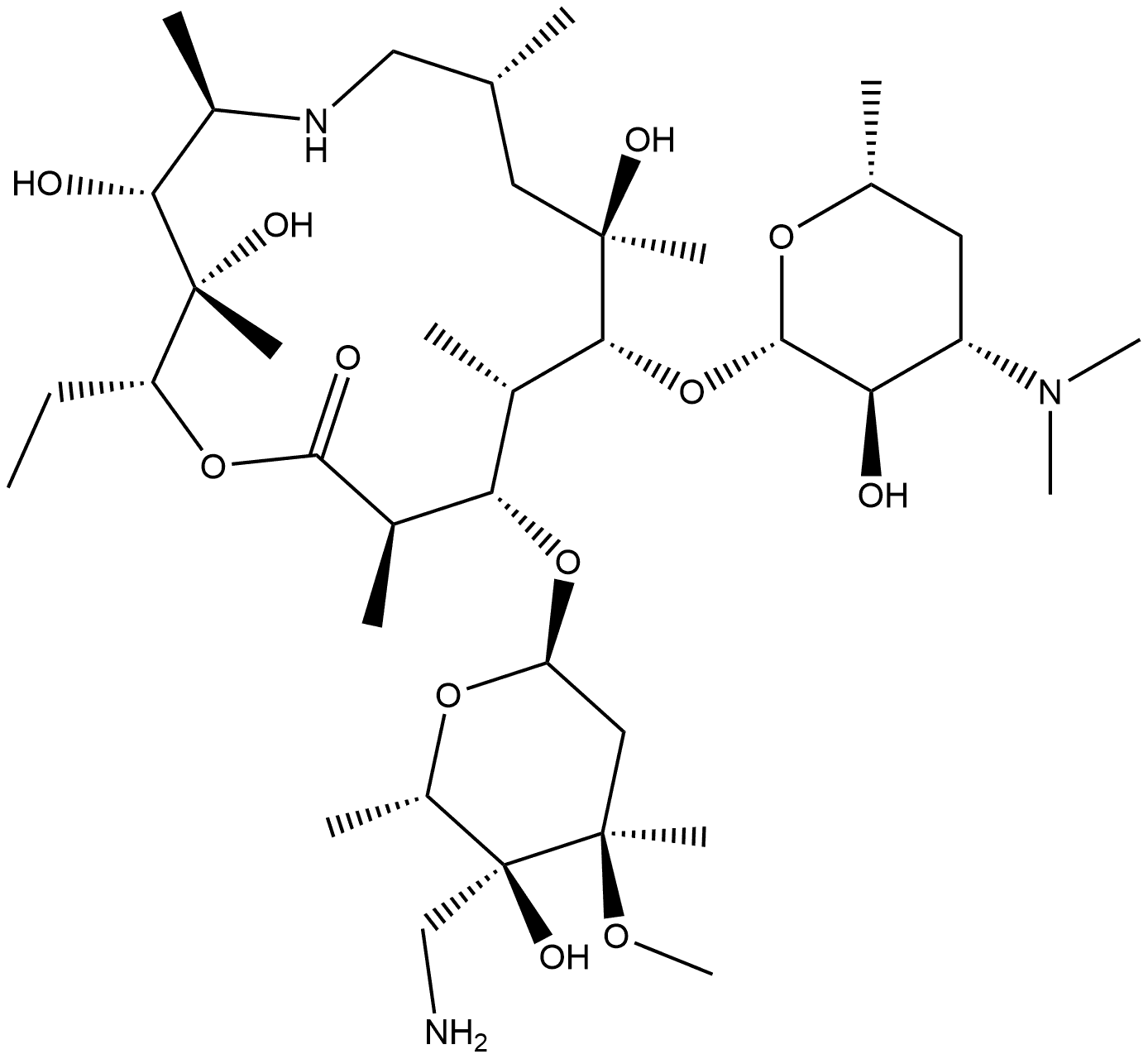 1-Oxa-6-azacyclopentadecan-15-one, 13-[[4-C-(aminomethyl)-2,6-dideoxy-3-C-methyl-3-O-methyl-α-L-ribo-hexopyranosyl]oxy]-2-ethyl-3,4,10-trihydroxy-3,5,8,10,12,14-hexamethyl-11-[[3,4,6-trideoxy-3-(dimethylamino)-β-D-xylo-hexopyranosyl]oxy]-, (2R,3S,4R,5R,8R,10R,11R,12S,13S,14R)- Struktur