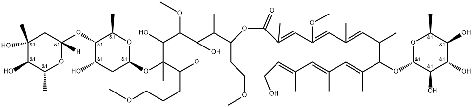 3-Deculopyranose, O-2,6-dideoxy-3-C-methyl-β-D-arabino-hexopyranosyl-(1→4)-O-2,6-dideoxy-β-D-ribo-hexopyranosyl-(1→6)-1,2,8,9-tetradeoxy-2-[(6E,8E,10E,14E,16E,18E)-12-[(6-deoxy-α-L-idopyranosyl)oxy]-5-hydroxy-4,17-dimethoxy-7,9,11,13,15,19-hexamethyl-20-oxooxacycloeicosa-6,8,10,14,16,18-hexaen-2-yl]-6-C-methyl-4,10-di-O-methyl- Struktur