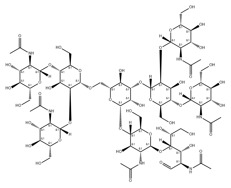 O-2-(Acetylamino)-2-deoxy-beta-D-glucopyranosyl-(1-2)-O-[2-(acetylamino)-2-deoxy-beta-D-glucopyranosyl-(1-4)]-O-alpha-D-mannopyranosyl-(1-3)-O-[O-2-(acetylamino)-2-deoxy-beta-D-glucopyranosyl-(1-2)-O-[2-(acetylamino)-2-deoxy-beta-D-glucopyranosyl-(1-4)]-alpha-D-mannopyranosyl-(1-6)]-O-beta-D-mannopyranosyl-(1-4)-O-2-(acetylamino)-2-deoxy-beta-D-glucopyranosyl-(1-4)-2-(acetylamino)-2-deoxy-D-glucose Struktur