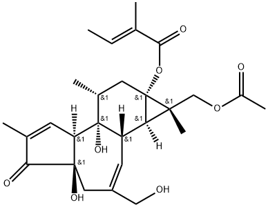 5H-cyclopropa(3,4)benz(1,2-e)azulen-5-one,1,1aa,1bb,4,4a,7aa,7b,8,9,9a-decahydro-4aa,7ba,9aa-trihydroxy-3-hydroxymethyl-1,6,8a-trimethyl-1-acetoxymethyl-,9a-(2-methylbut-2-enoate) Struktur