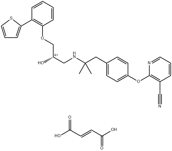 3-Pyridinecarbonitrile, 2-[4-[2-[[(2S)-2-hydroxy-3-[2-(2-thienyl)phenoxy]propyl]amino]-2-methylpropyl]phenoxy]-, (2E)-2-butenedioate (2:1) (salt) Struktur