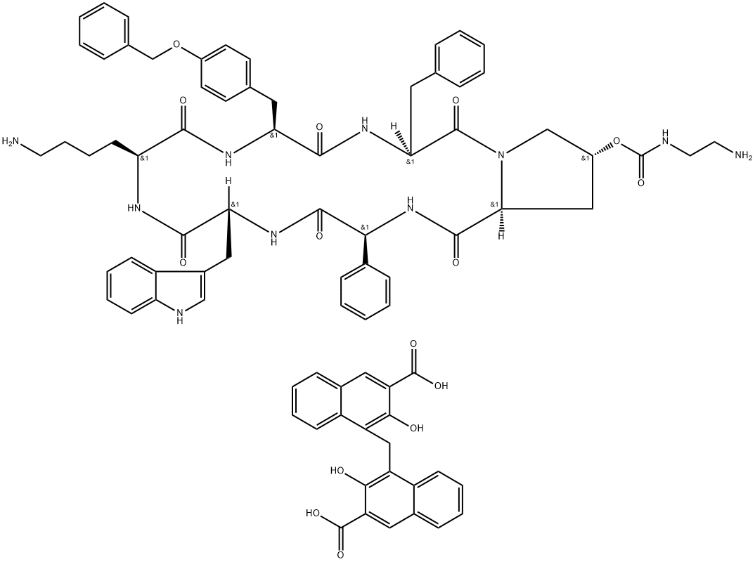 Cyclo[(2S)-2-phenylglycyl-D-tryptophyl-L-lysyl-O-(phenylmethyl)-L-tyrosyl-L-phenylalanyl-(4R)-4-[[[(2-aminoethyl)amino]carbonyl]oxy]-L-prolyl], 4,4'-methylenebis[3-hydroxy-2-naphthalenecarboxylate] (1:1) Struktur