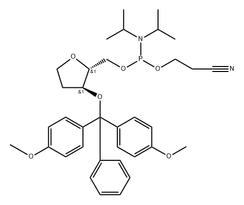 D-erythro-Pentitol, 1,4-anhydro-3-O-[bis(4-methoxyphenyl)phenylmethyl]-2-deoxy-, 2-cyanoethyl bis(1-methylethyl)phosphoramidite (9CI) Struktur