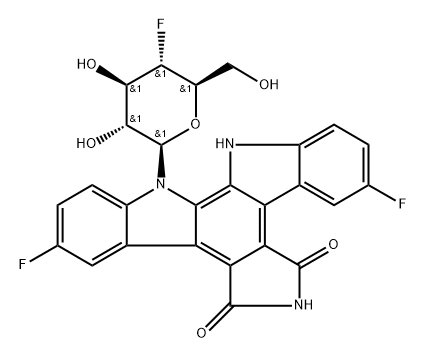 5H-Indolo[2,3-a]pyrrolo[3,4-c]carbazole-5,7(6H)-dione, 12-(4-deoxy-4-fluoro-β-D-glucopyranosyl)-3,9-difluoro-12,13-dihydro- Struktur