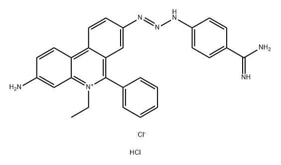 Phenanthridinium, 3-amino-8-[3-[4-(aminoiminomethyl)phenyl]-2-triazen-1-yl]-5-ethyl-6-phenyl-, chloride, hydrochloride (1:1:1) Struktur