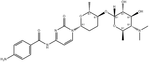 4-Amino-N-[1-[(2R)-5α-[[4,6-dideoxy-4-dimethylamino-α-D-glucopyranosyl]oxy]tetrahydro-6β-methyl-2H-pyran-2β-yl]-1,2-dihydro-2-oxopyrimidin-4-yl]benzamide Struktur