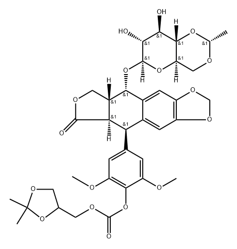 Carbonic acid, (2,2-dimethyl-1,3-dioxolan-4-yl)methyl 4-[(5R,5aR,8aR,9S)-9-[[4,6-O-(1R)-ethylidene-β-D-glucopyranosyl]oxy]-5,5a,6,8,8a,9-hexahydro-6-oxofuro[3',4':6,7]naphtho[2,3-d]-1,3-dioxol-5-yl]-2,6-dimethoxyphenyl ester Struktur