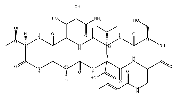 Cyclo[(2R)-2-hydroxy-β-alanyl-2-carboxyglycyl-3-[[(2E)-2-methyl-1-oxo-2-butenyl]amino]alanyl-D-seryl-D-valyl-3,4-dihydroxyglutaminyl-D-allothreonyl] (9CI) Struktur