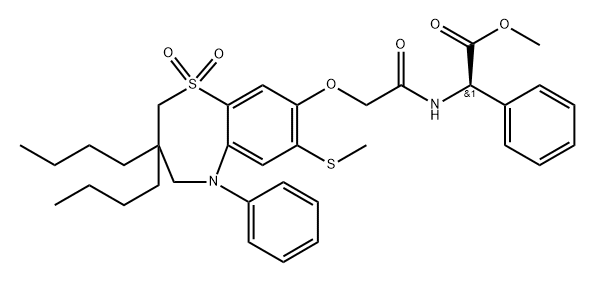 Benzeneacetic acid, α-[[2-[[3,3-dibutyl-2,3,4,5-tetrahydro-7-(methylthio)-1,1-dioxido-5-phenyl-1,5-benzothiazepin-8-yl]oxy]acetyl]amino]-, methyl ester, (αR)- Struktur