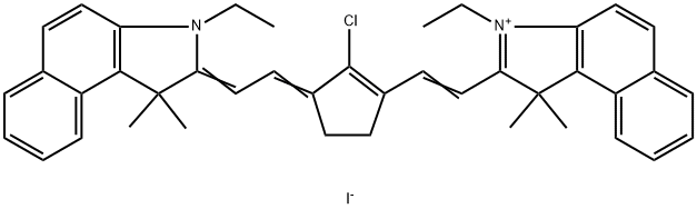 1H-Benz[e]indolium, 2-[2-[2-chloro-3-[2-(3-ethyl-1,3-dihydro-1,1-dimethyl-2H-benz[e]indol-2-ylidene)ethylidene]-1-cyclopenten-1-yl]ethenyl]-3-ethyl-1,1-dimethyl-, iodide (1:1) Struktur