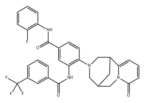 N-(2-fluorophenyl)-4-((1R,5S)-8-oxo-1,5,6,8-tetrahydro-2H-1,5-methanopyrido[1,2-a][1,5]diazocin-3(4H)-yl)-3-(3-(trifluoromethyl)benzamido)benzamide Struktur