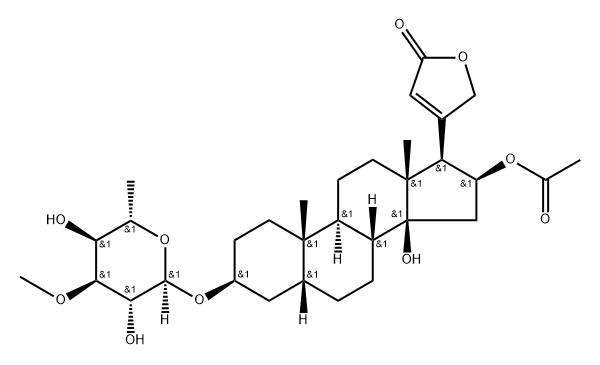 16β-(Acetyloxy)-3β-[(6-deoxy-3-O-methyl-α-L-altropyranosyl)oxy]-14-hydroxy-5β-card-20(22)-enolide Struktur