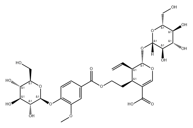 2H-Pyran-5-carboxylic acid, 3-ethenyl-2-(β-D-glucopyranosyloxy)-4-[2-[[4-(β-D-glucopyranosyloxy)-3-methoxybenzoyl]oxy]ethyl]-3,4-dihydro-, (2S,3R,4S)- Struktur