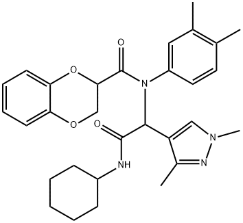 1H-Pyrazole-4-acetamide,N-cyclohexyl-alpha-[[(2,3-dihydro-1,4-benzodioxin-2-yl)carbonyl](3,4-dimethylphenyl)amino]-1,3-dimethyl-(9CI) Struktur