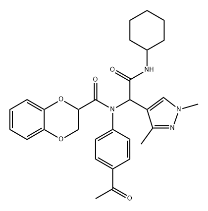 1H-Pyrazole-4-acetamide,alpha-[(4-acetylphenyl)[(2,3-dihydro-1,4-benzodioxin-2-yl)carbonyl]amino]-N-cyclohexyl-1,3-dimethyl-(9CI) Struktur