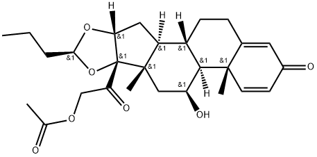 Pregna-1,4-diene-3,20-dione, 21-(acetyloxy)-16,17-[(1S)-butylidenebis(oxy)]-11-hydroxy-, (11β,16α)- Struktur