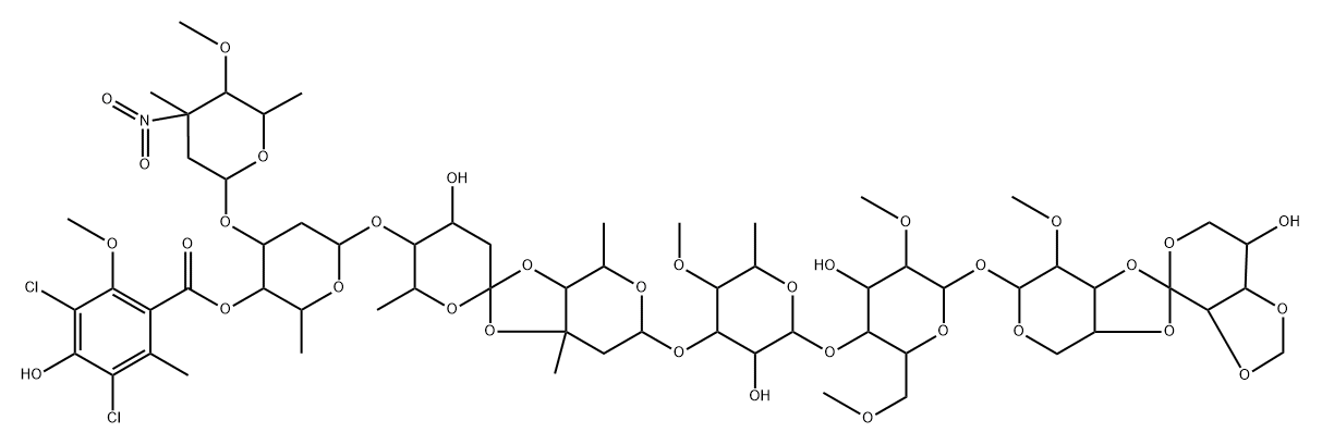 β-D-Mannopyranoside, O-(1R)-2,3-O-methylene-L-arabinopyranosylidene-(1→3-4)-2-O-methyl-α-L-lyxopyranosyl O-2,3,6-trideoxy-3-C-methyl-4-O-methyl-3-nitro-α-L-arabino-hexopyranosyl-(1→3)-O-2,6-dideoxy-4-O-(3,5-dichloro-4-hydroxy-2-methoxy-6-methylbenzoyl)-β-D-arabino-hexopyranosyl-(1→4)-O-2,6-dideoxy-D-arabino-hexopyranosylidene-(1→3-4)-O-2,6-dideoxy-3-C-methyl-β-D-arabino-hexopyranosyl-(1→3)-O-6-deoxy-4-O-methyl-β-D-galactopyranosyl-(1→4)-2,6-di-O-methyl- Struktur