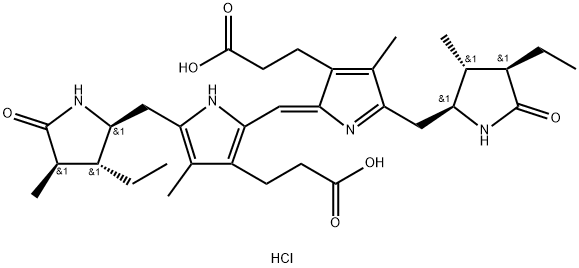 21H-Biline-8,12-dipropanoic acid, 3,18-diethyl-1,2,3,4,5,15,16,17,18,19,22,24-dodecahydro-2,7,13,17-tetramethyl-1,19-dioxo-, hydrochloride, (2R,3R,4S,16S,17R,18R)- (9CI) Struktur