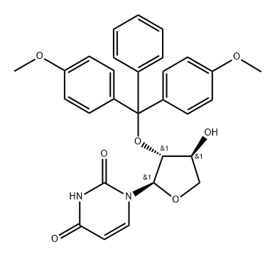 2,4(1H,3H)-Pyrimidinedione, 1-[(2R,3R,4S)-3-[bis(4-methoxyphenyl)phenylmethoxy]tetrahydro-4-hydroxy-2-furanyl]- Struktur