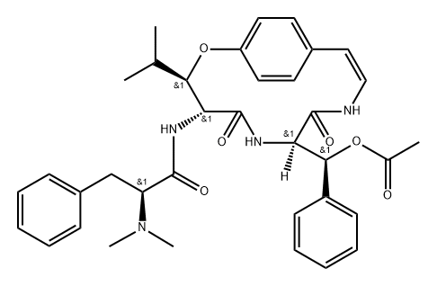 (αS)-N-[(3R,4R,7R)-7-[(S)-(Acetyloxy)phenylmethyl]-3-(1-methylethyl)-5,8-dioxo-2-oxa-6,9-diazabicyclo[10.2.2]hexadeca-1(14),10,12,15-tetren-4-yl]-α-(dimethylamino)benzenepropanamide Struktur